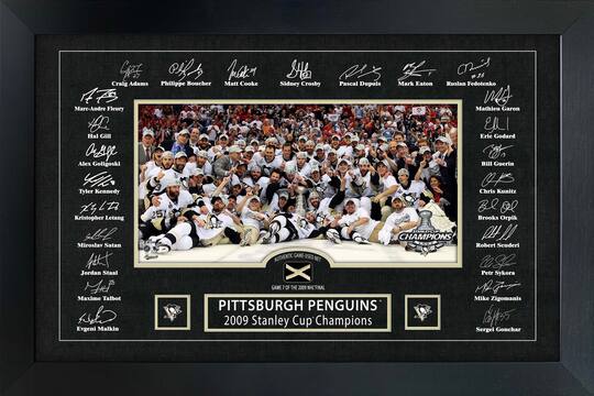 Pittsburgh Penguins 2009 Stanley Cup Replica Signature Frame with Game-Used Net 35.5" x 23.5"